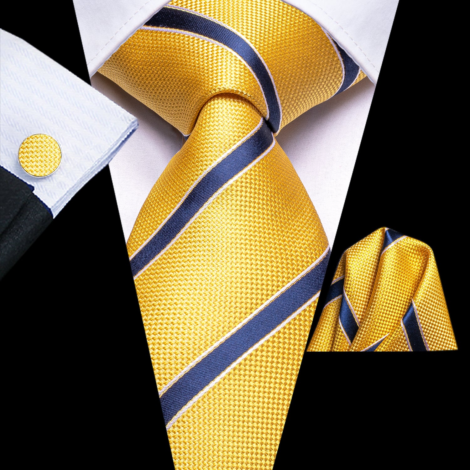 Yellow Deep Blue Striped Silk Men's Necktie Pocket Square Cufflinks Set