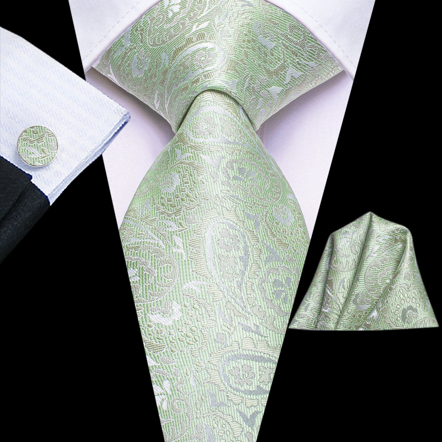 Mint Green Paisley Silk Men Necktie Pocket Square Cufflinks Set