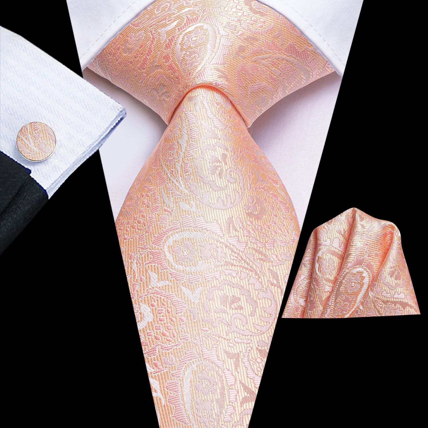 Light Coral Pink Paisley Silk Men's Necktie Pocket Square Cufflinks Set