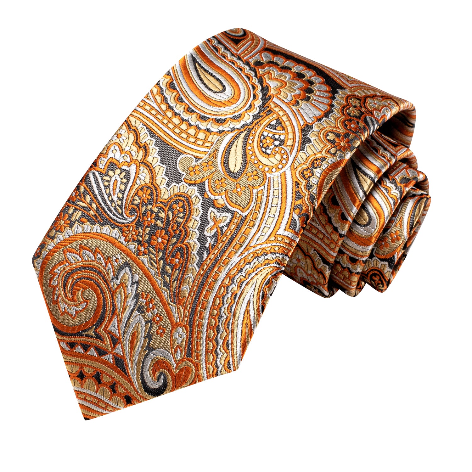 Orange White Black Paisley Silk Tie Pocket Square Cufflinks Set