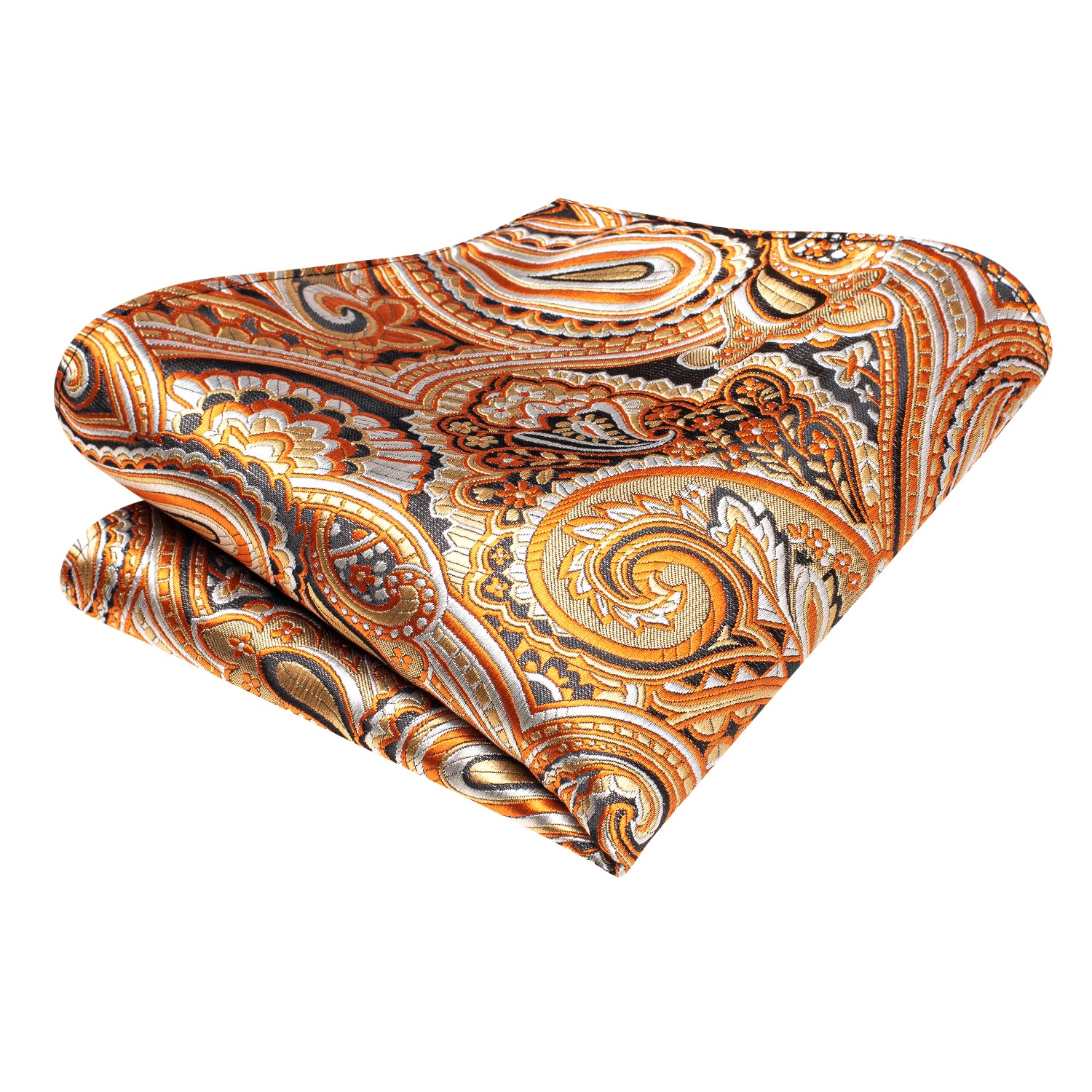 Orange White Black Paisley Silk Tie Pocket Square Cufflinks Set