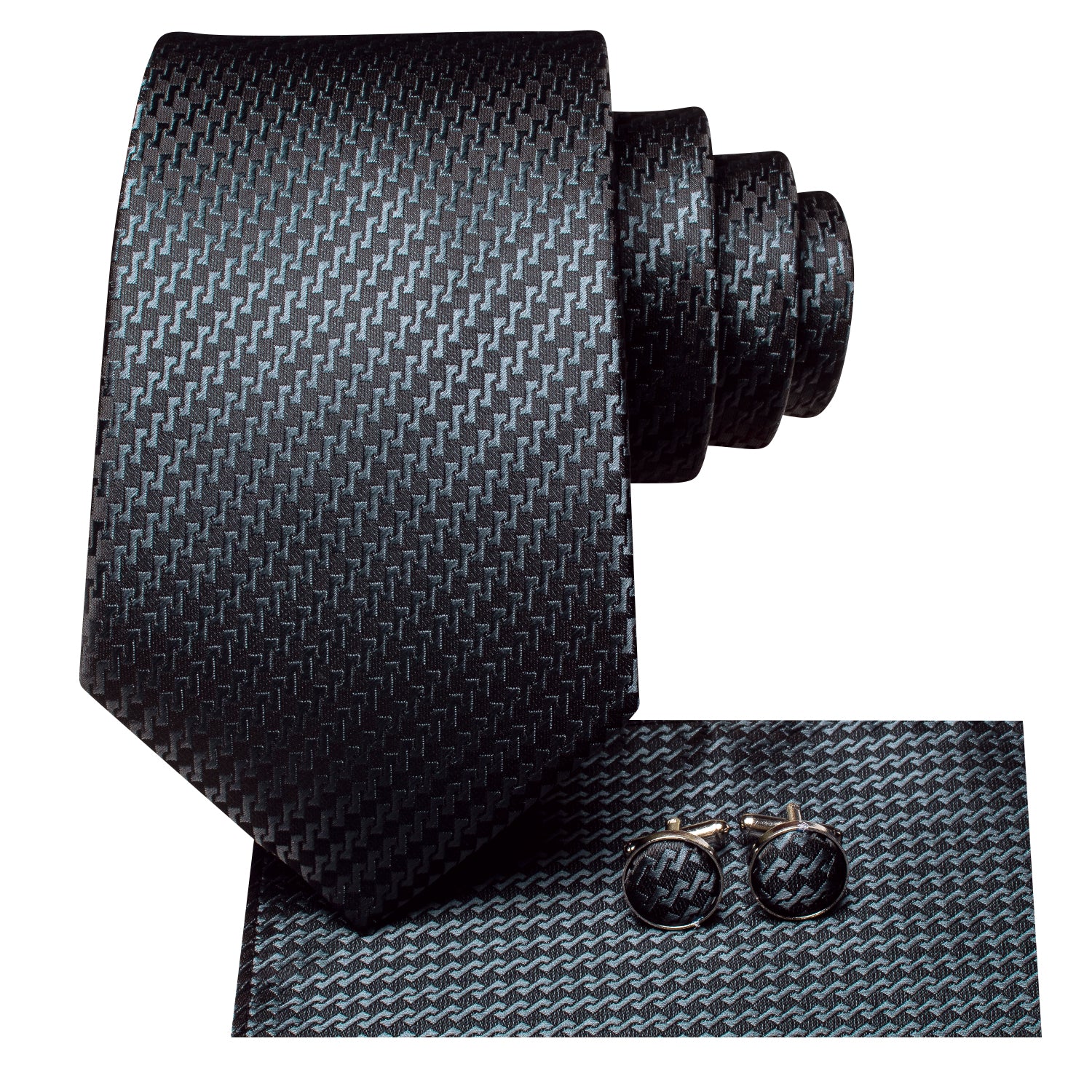 Grey Black Irregular Strip Silk Tie Pocket Square Cufflinks Set