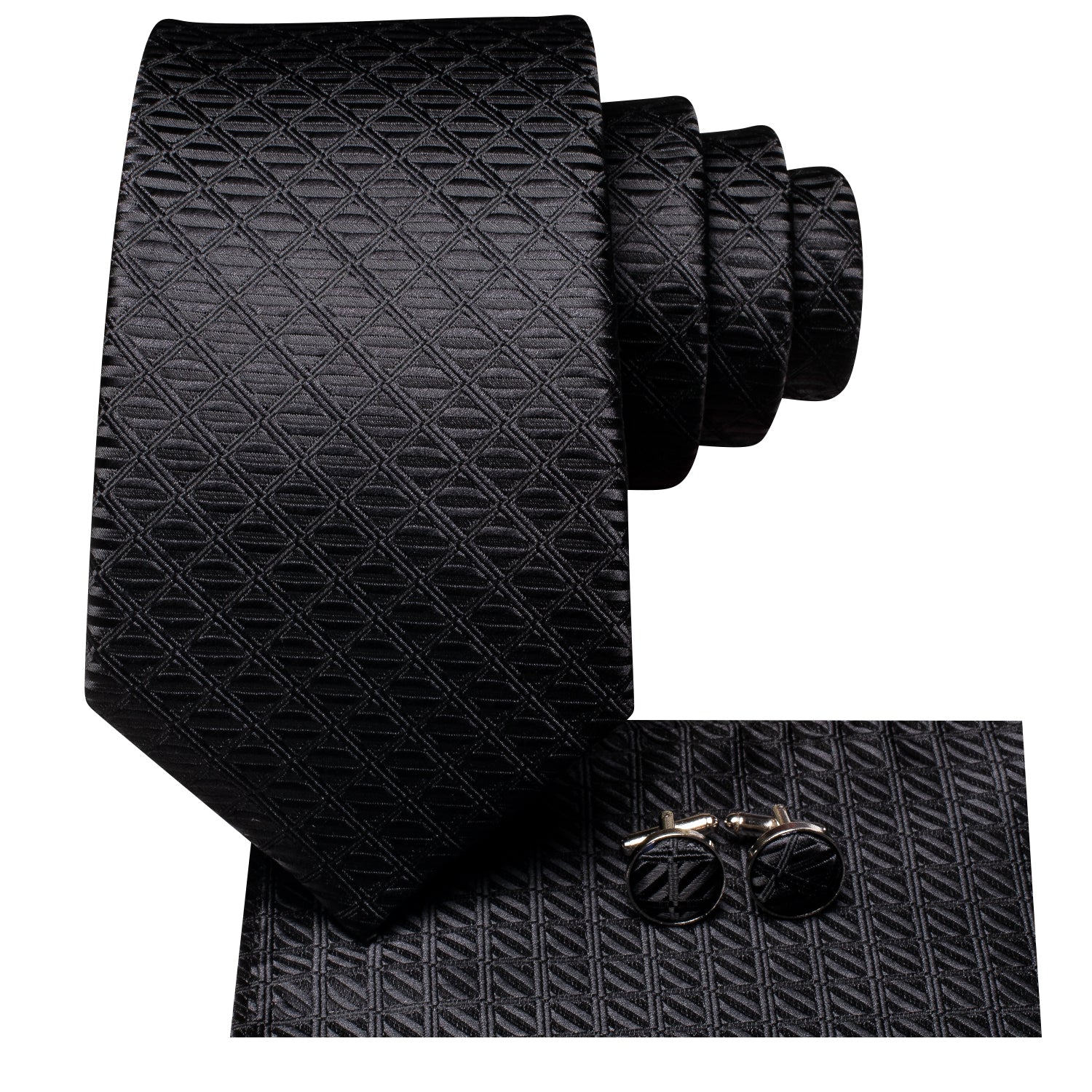 Black Novelty Plaid Silk Tie Pocket Square Cufflinks Set