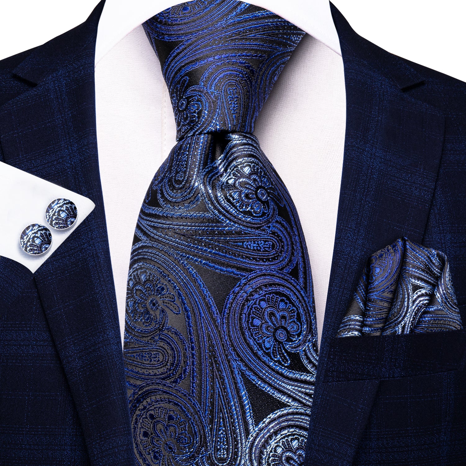 Blue Novelty Floral Silk Tie Pocket Square Cufflinks Set