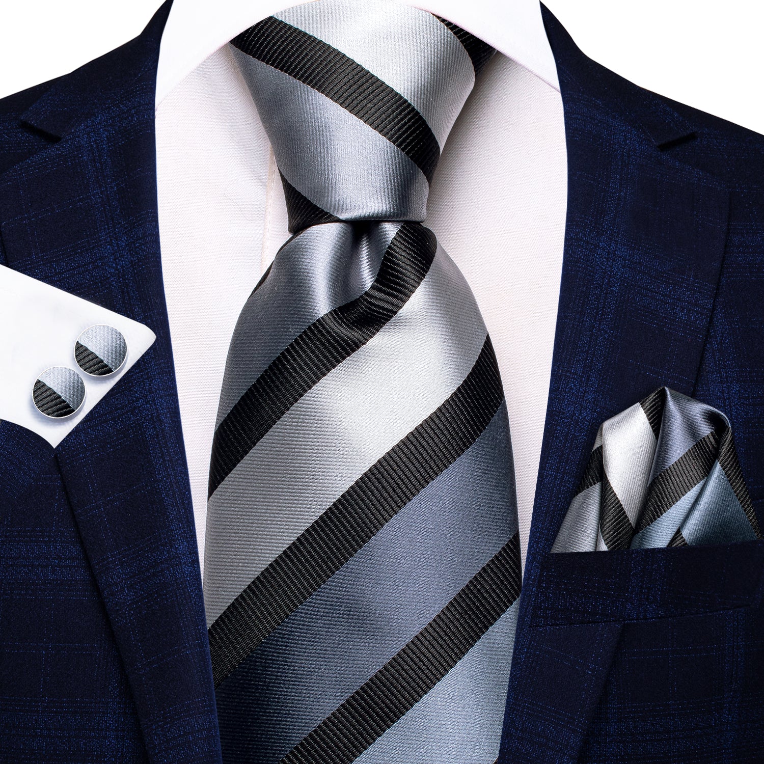 Hi-Tie Silver Grey Necktie Black Stripe Tie Handkerchief Cufflinks Set Hi-Tie Silver Grey Necktie Black Stripe Tie Handkerchief Cufflinks Set