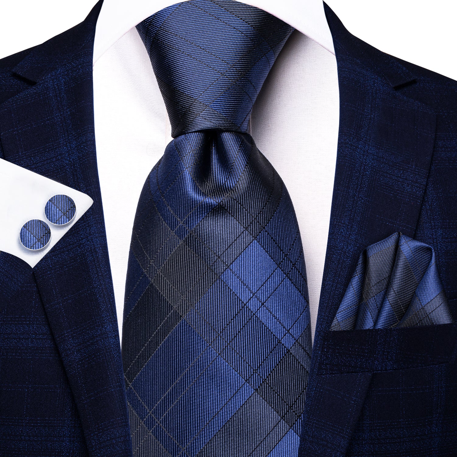 refined Blue Black Plaid Silk Tie, Pocket Square, and Cufflinks Set for a polished look