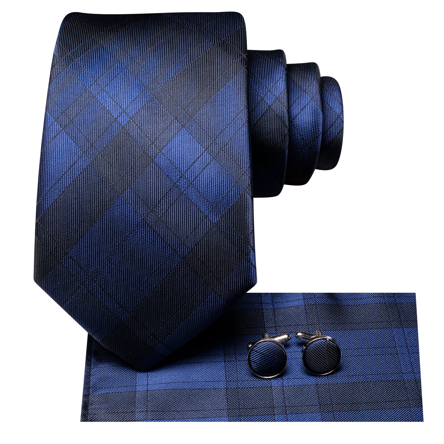 Complete your outfit with the sophistication of this Blue Black Plaid Silk Tie, Pocket Square, and Cufflinks Set