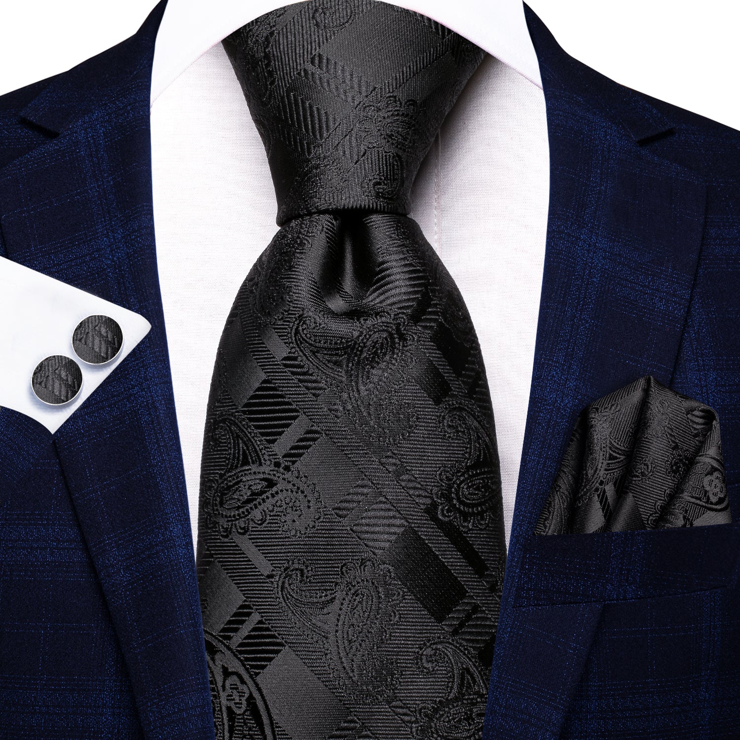 Classic Black Paisley Silk Tie Pocket Square Cufflinks Set