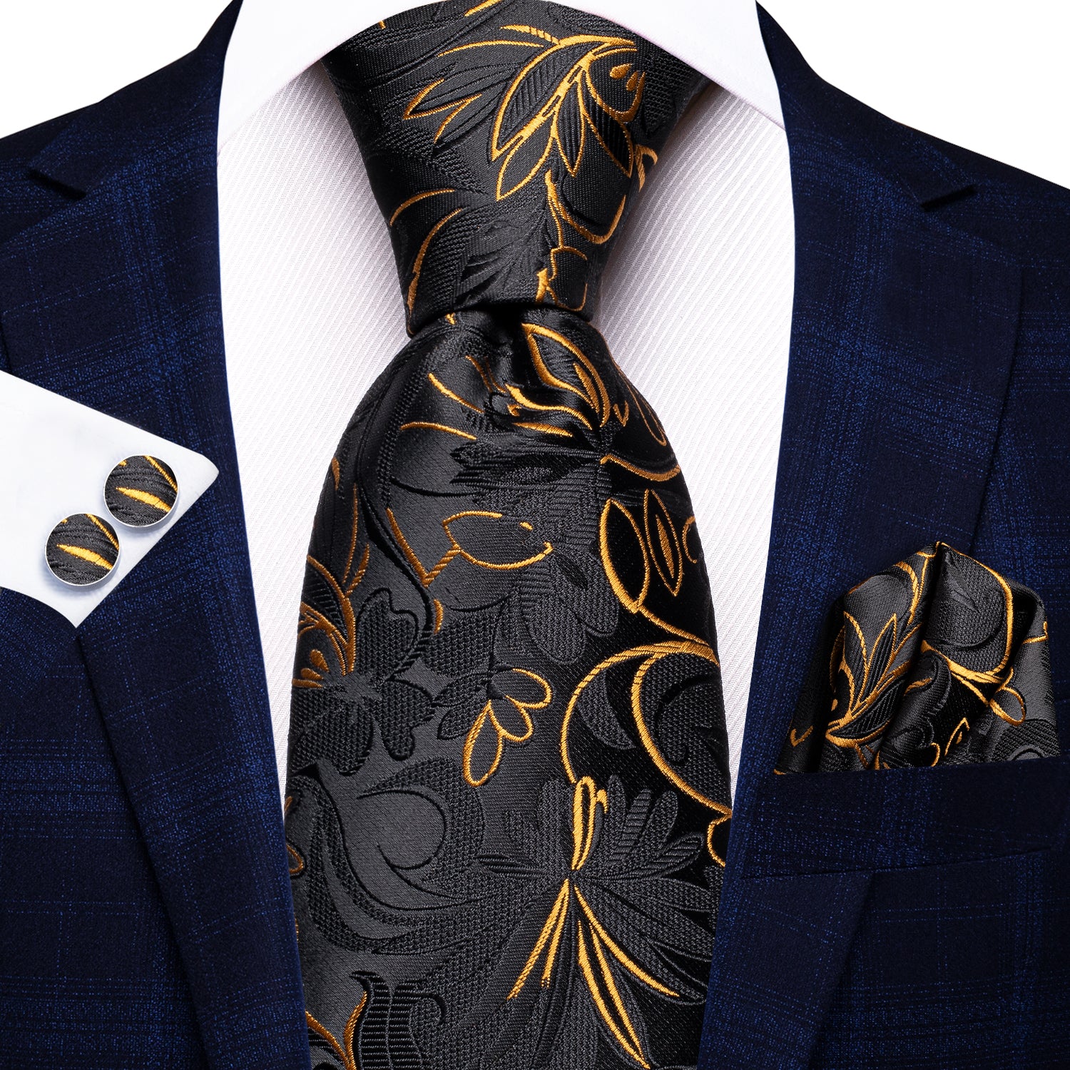 Black Golden Floral Silk Men's Tie Pocket Square Cufflinks Set