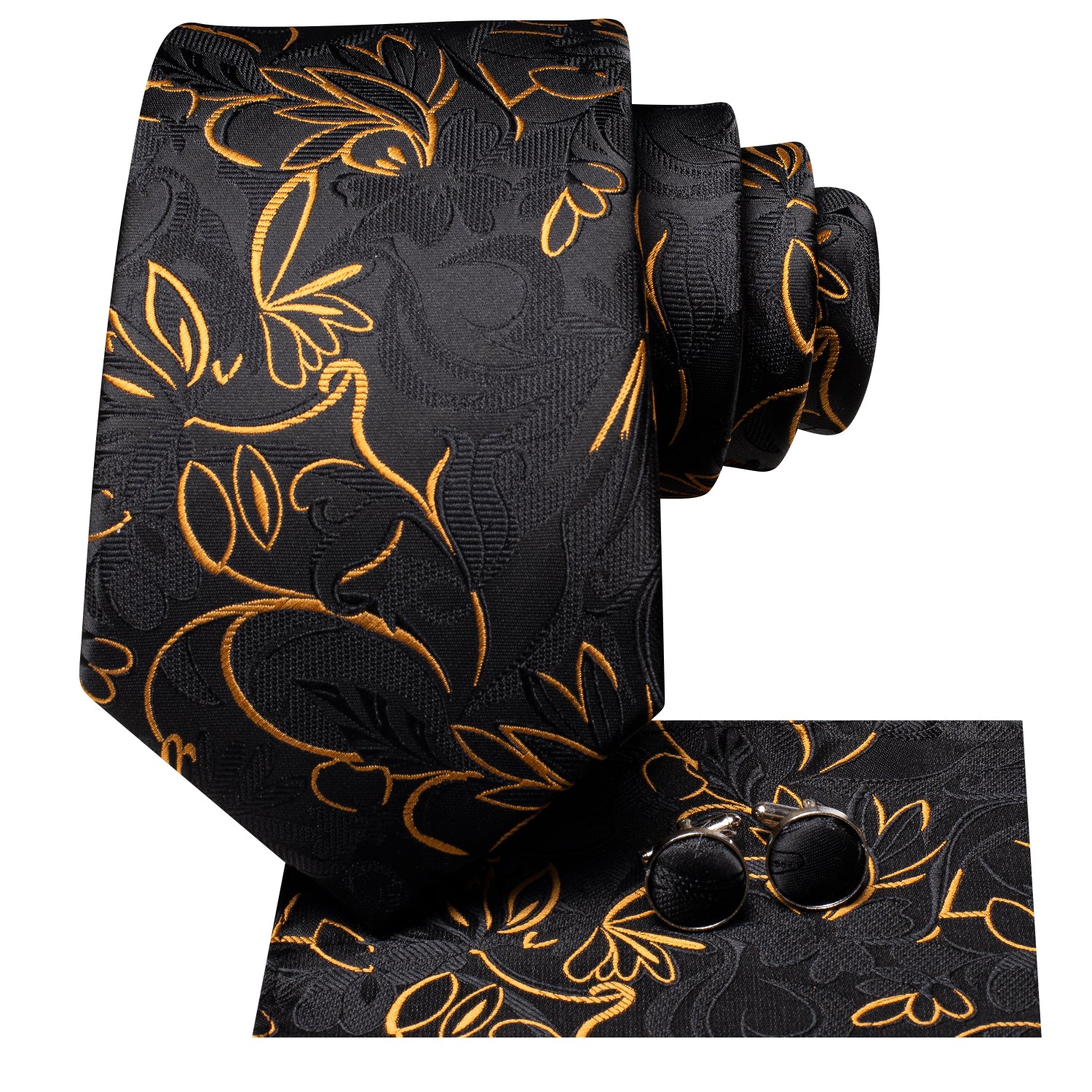 Black Golden Floral Silk Men's Tie Pocket Square Cufflinks Set