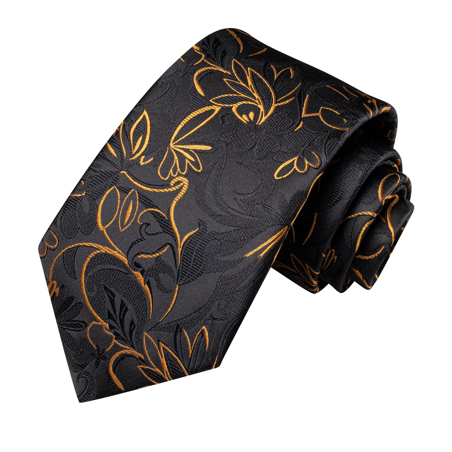 Black Golden Floral Silk Men's Tie Pocket Square Cufflinks Set