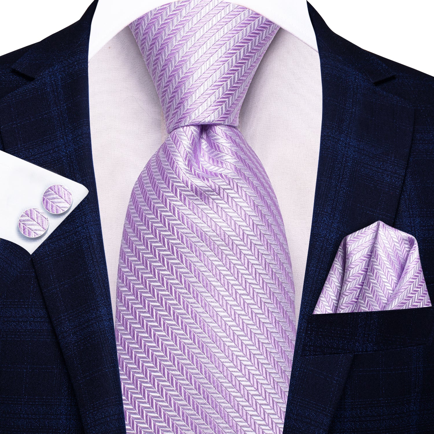Hi-Tie Lilac Purple White Purple Silk Tie Pocket Square Cufflinks Set