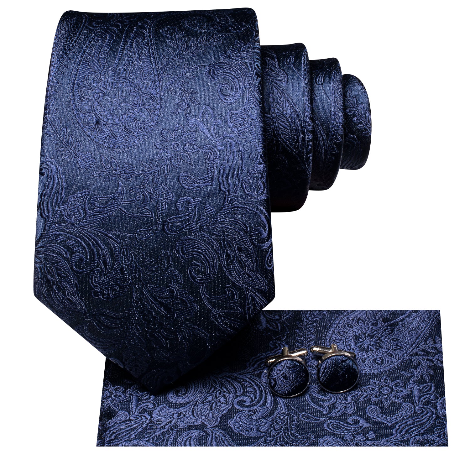 Navy Blue Paisley Silk Tie Pocket Square Cufflinks Set