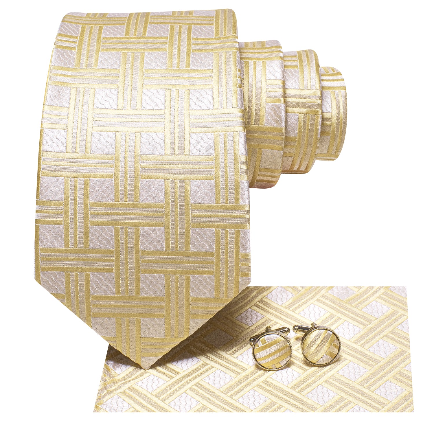 Light Yellow White Plaid Silk Tie Pocket Square Cufflinks Set