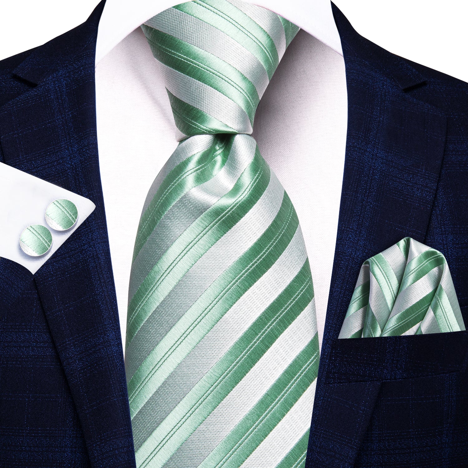 Hi-Tie Men's Green Necktie White Strip Tie Pocket Square Cufflinks Set