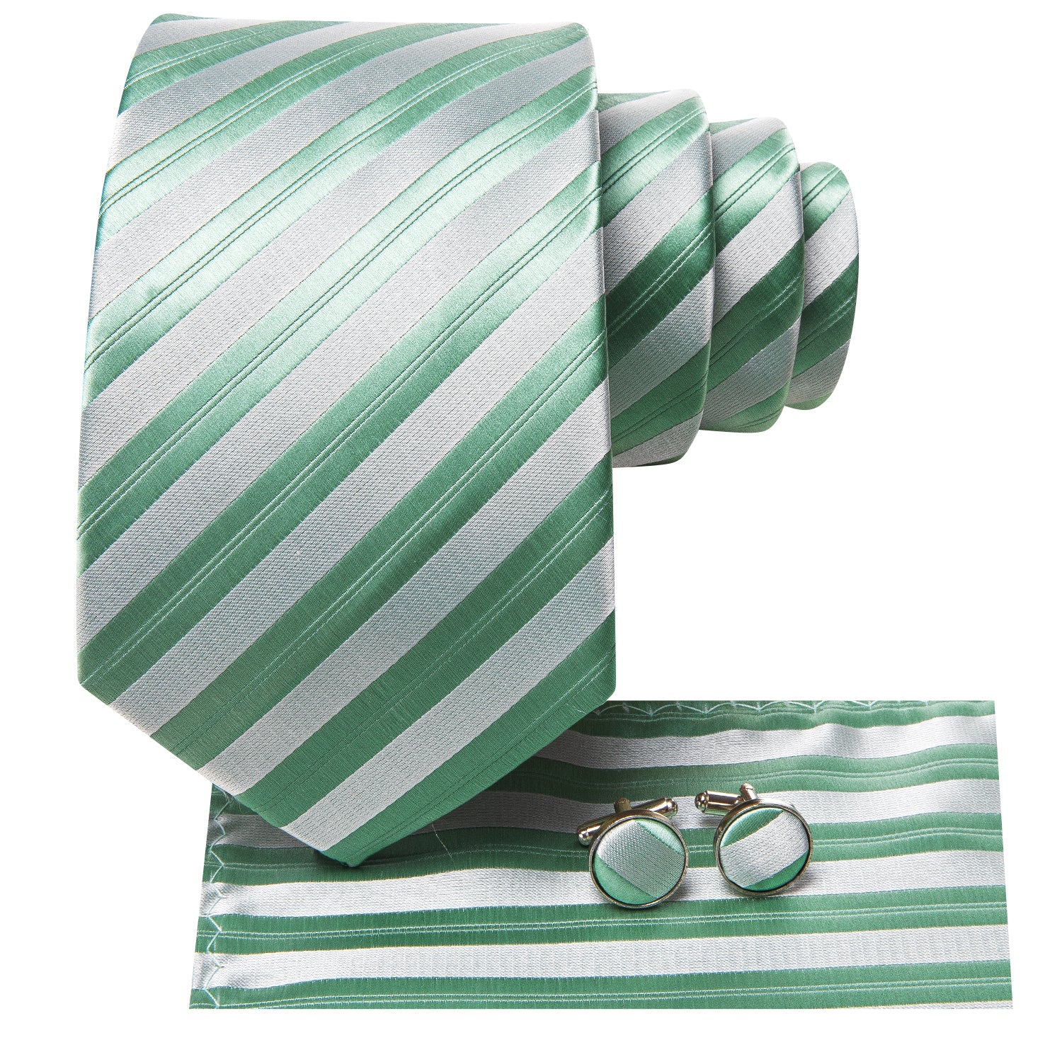 Men's Green Necktie White Strip Tie Pocket Square Cufflinks Set