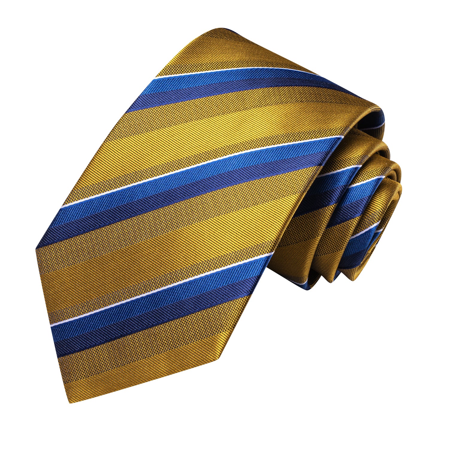 Golden Necktie Blue Stripe Silk Tie Pocket Square Cufflinks Set