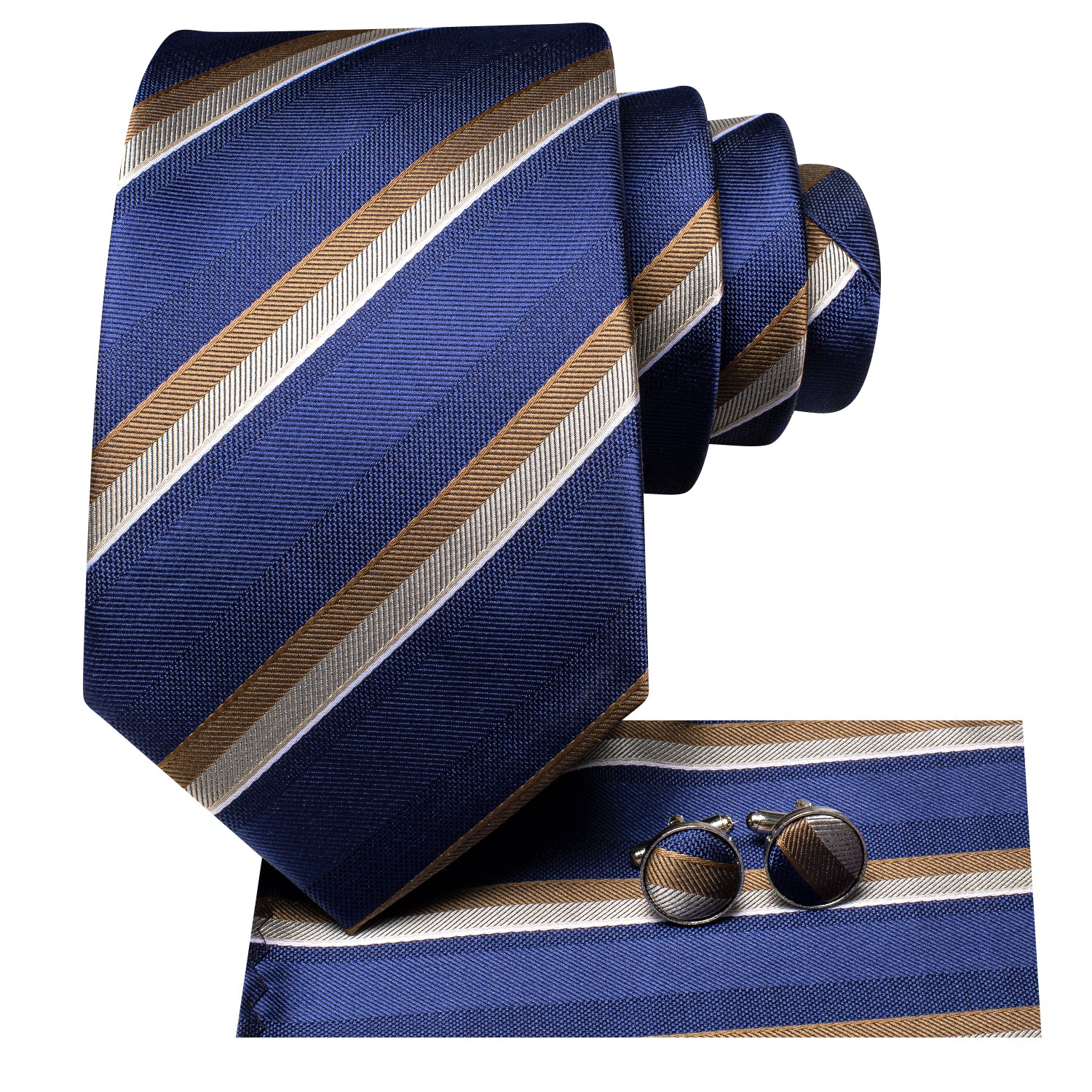 Deep Blue Brown Stripes Silk Tie Pocket Square Cufflinks Set