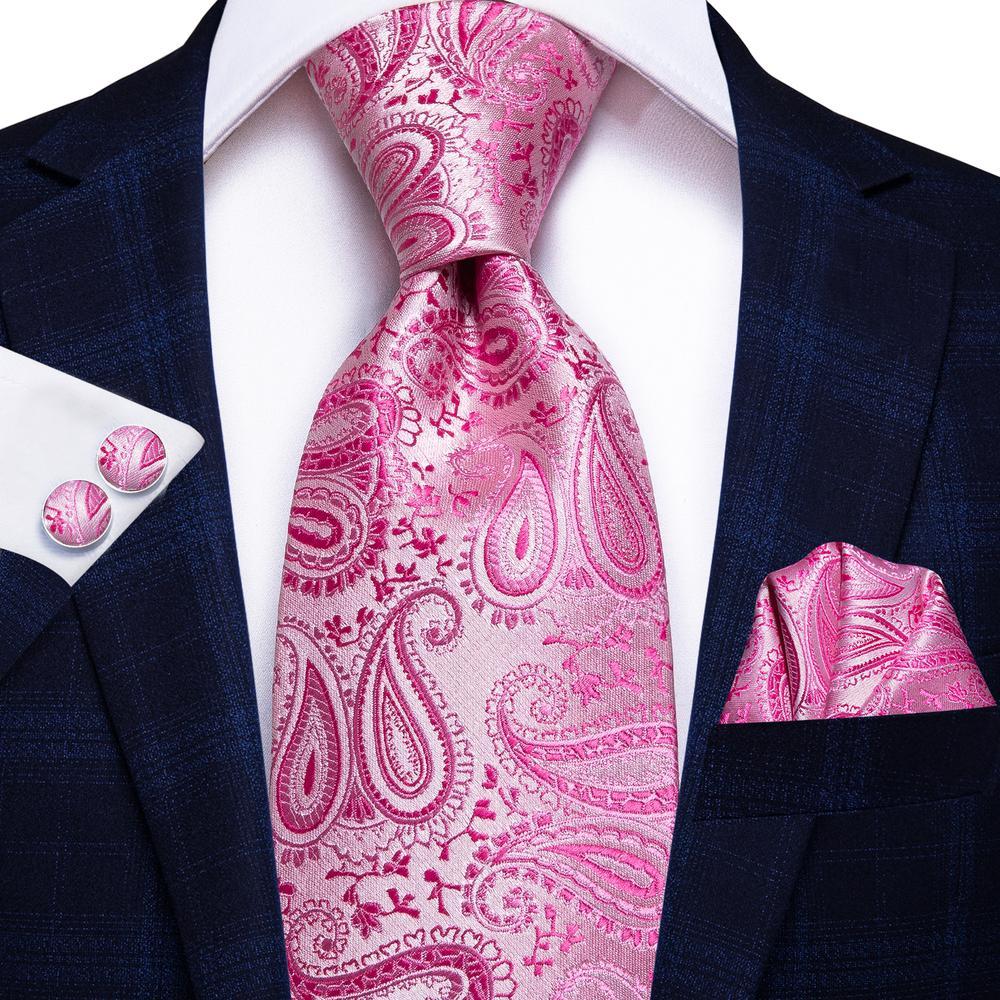 Pink Paisley Tie Handkerchief Cufflinks Set with Wedding Brooch