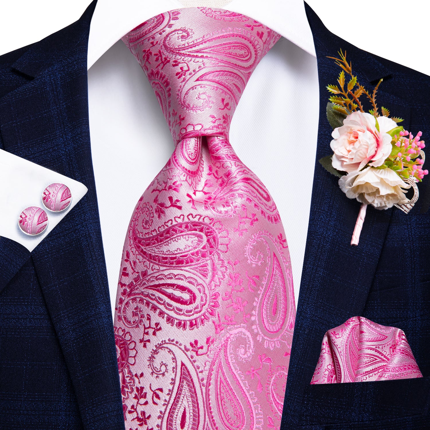Pink Paisley Tie Handkerchief Cufflinks Set with Wedding Brooch