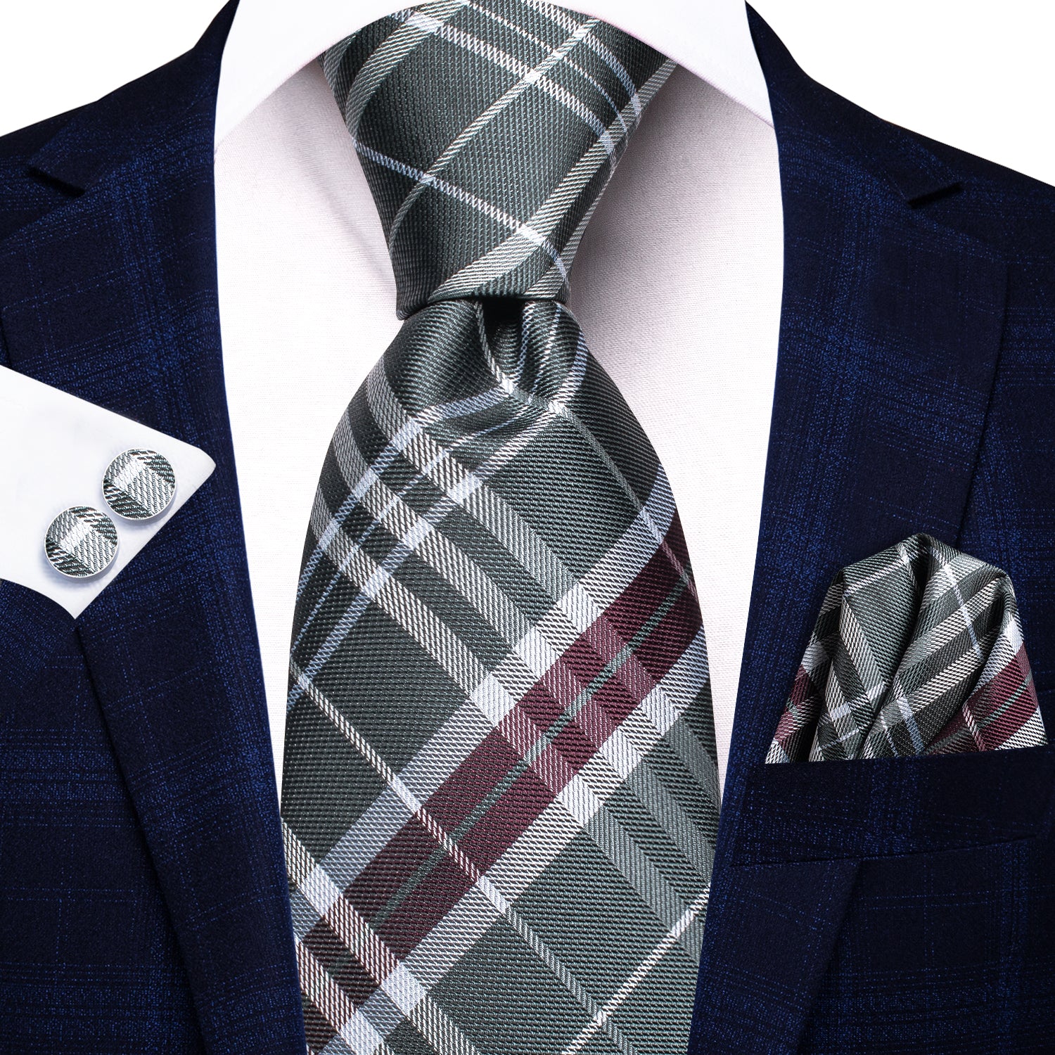 Hi-Tie Plaid Silk Tie Grey Maroon Men's Necktie Pocket Square Cufflinks Set