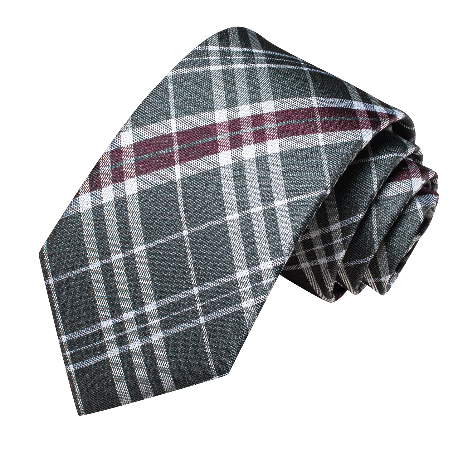 Hi-Tie Plaid Silk Tie Grey Maroon Men's Necktie Pocket Square Cufflinks Set