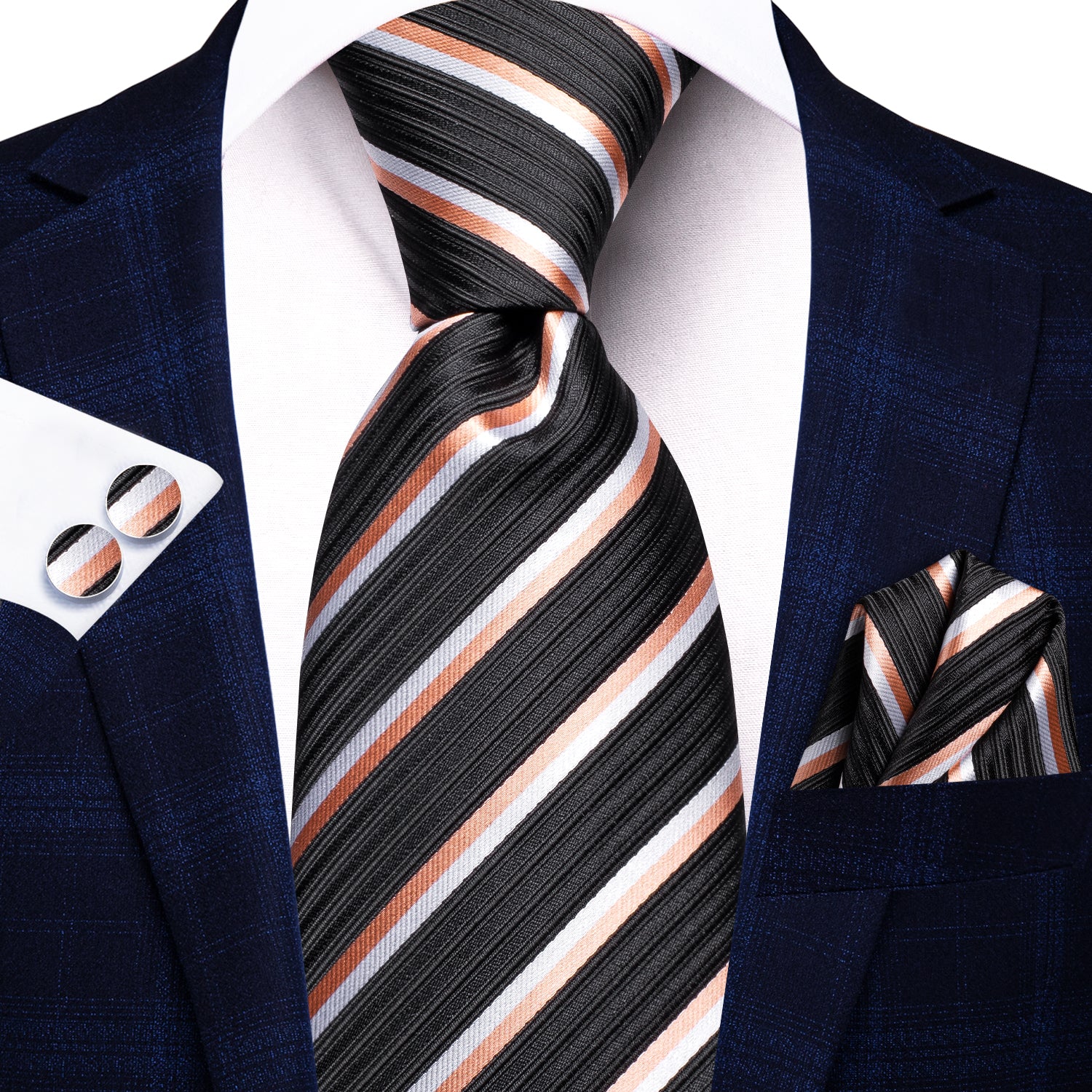 Black Orange White Plaid Silk Tie Pocket Square Cufflinks Set