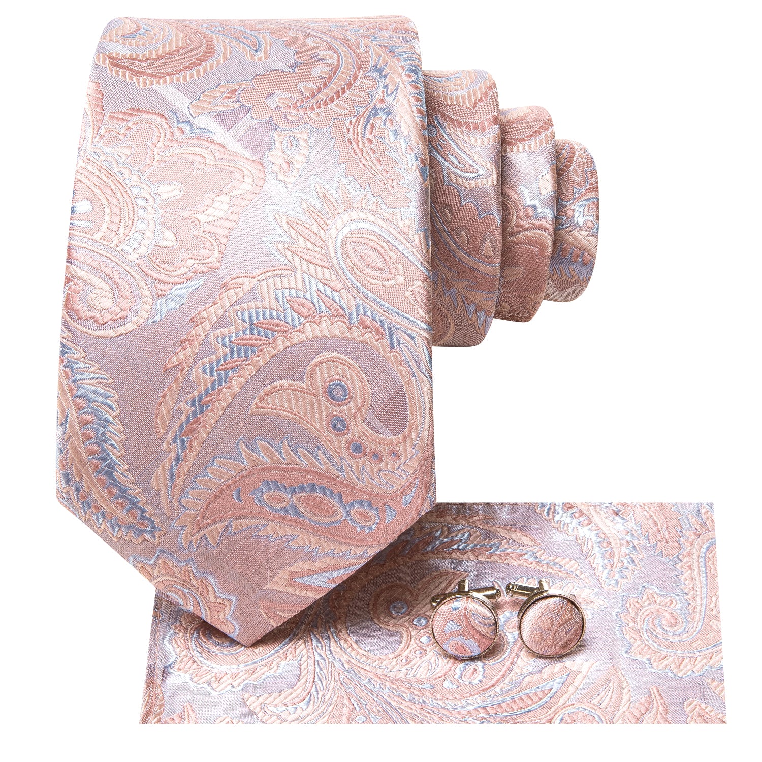 Blush Pink Sky Blue Paisley Silk Tie Pocket Square Cufflinks Set