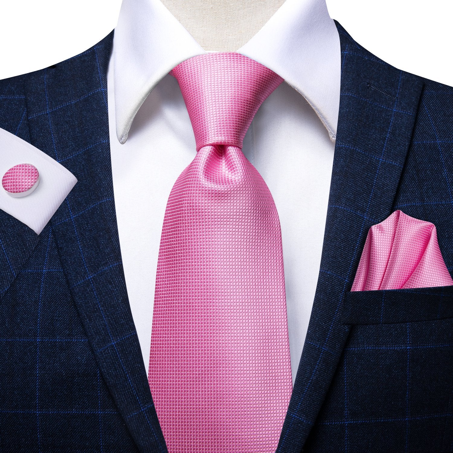 Pink Plaid Tie Handkerchief Cufflinks Set with Wedding Brooch