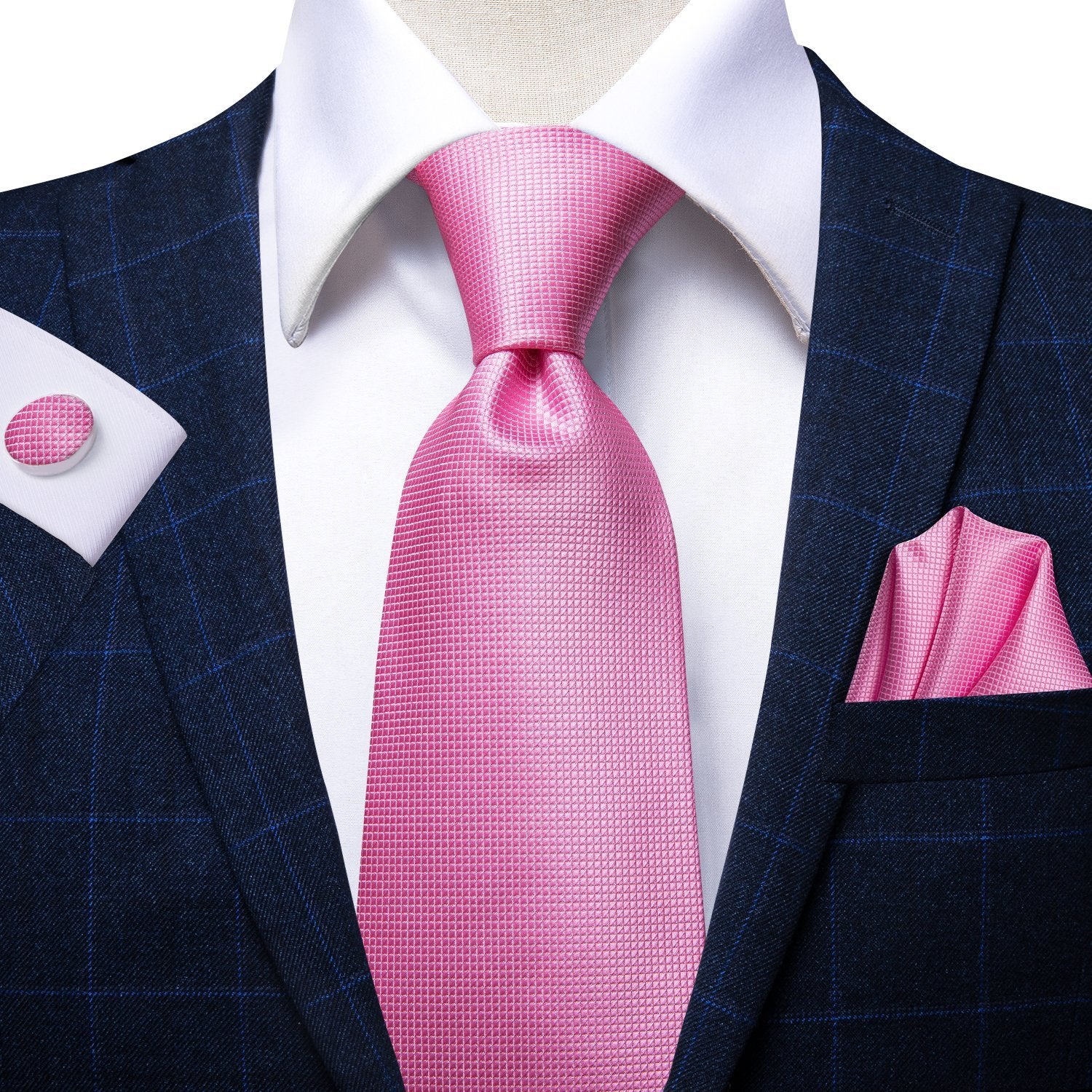 Pink Plaid Tie Handkerchief Cufflinks Set