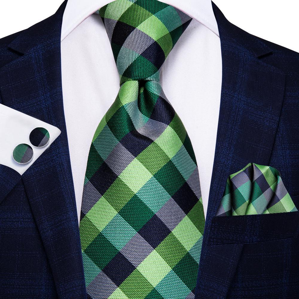 Green Black Striped Tie Handkerchief Cufflinks Set with Wedding Brooch