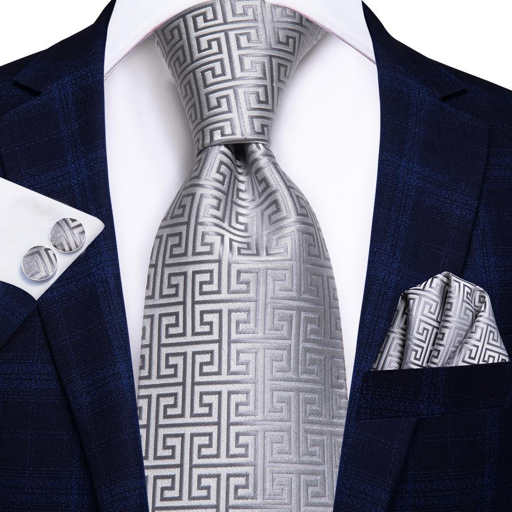 Novelty Silver Tie  Handkerchief Cufflinks Set with Wedding Brooch
