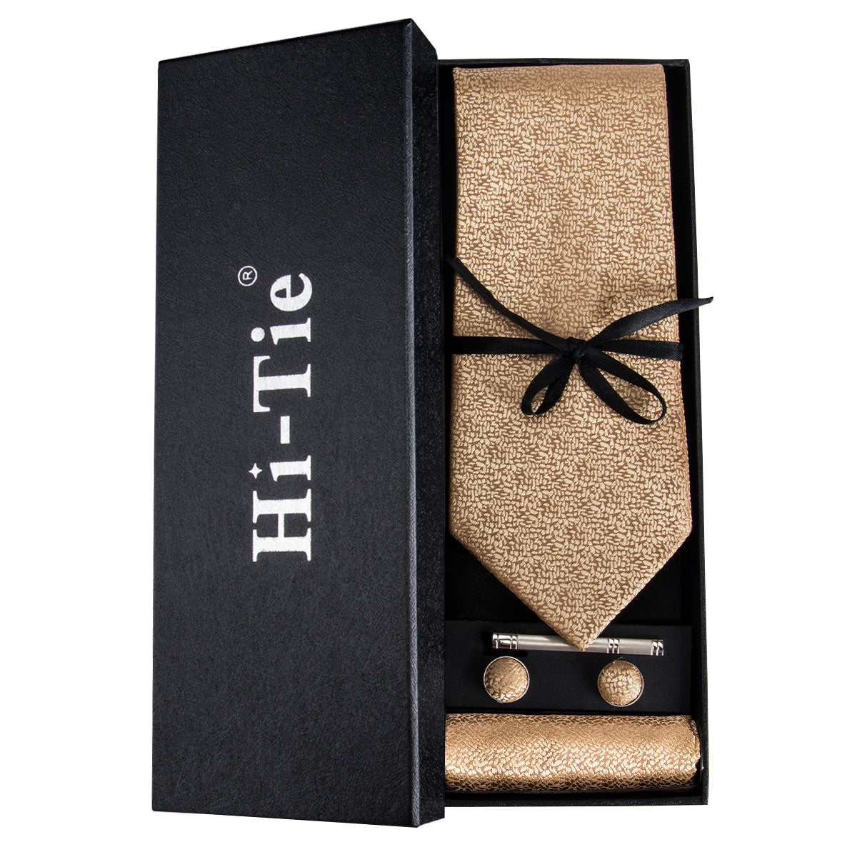 Champagne Golden Solid Men's Silk Tie Pocket Square Cufflinks Gift Box Set