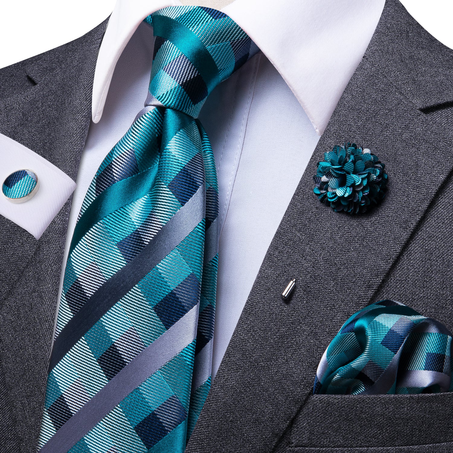 Mens Blue Plaid Necktie Pocket Square Cufflinks Set with Brooch
