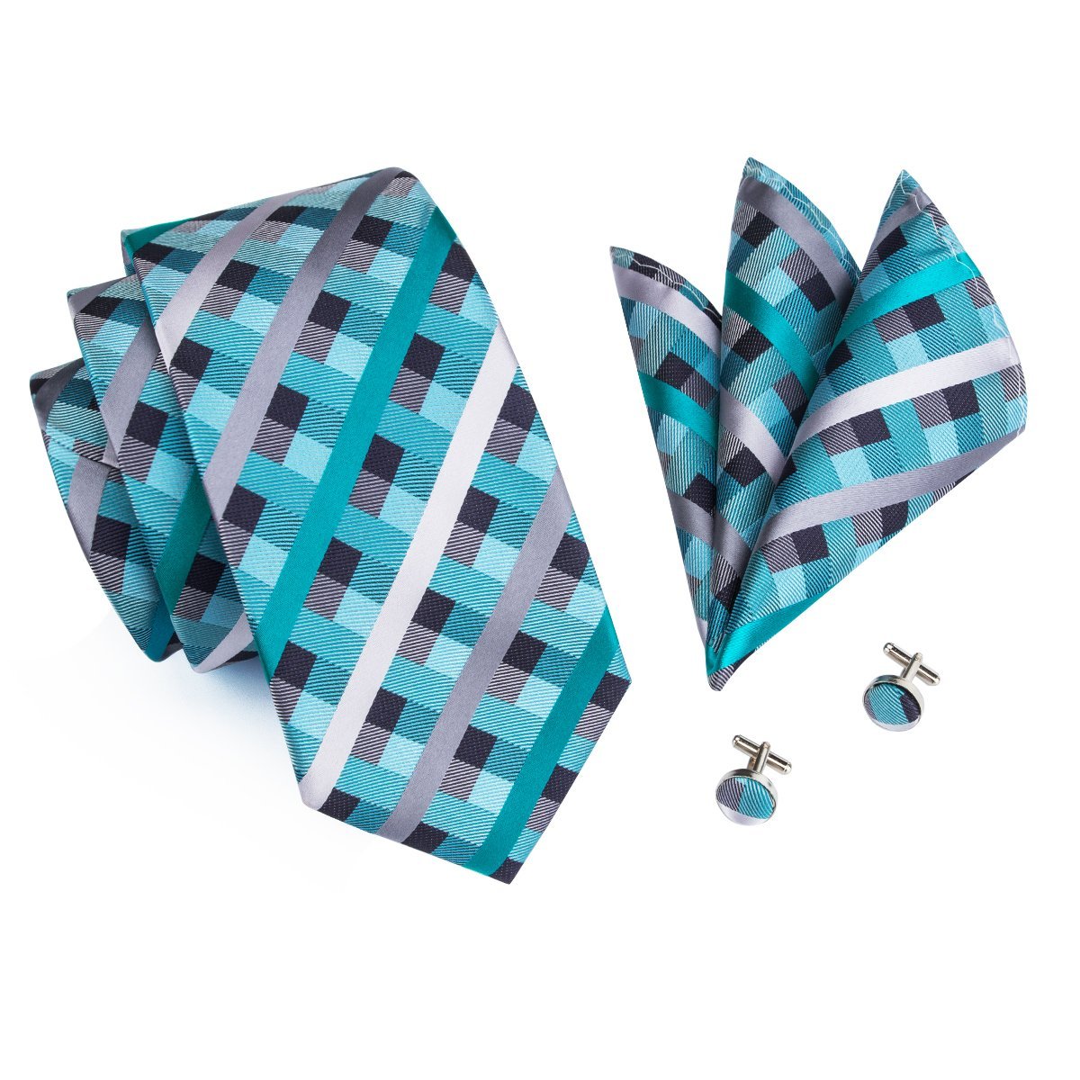 Mens Blue Plaid Necktie Pocket Square Cufflinks Set with Brooch