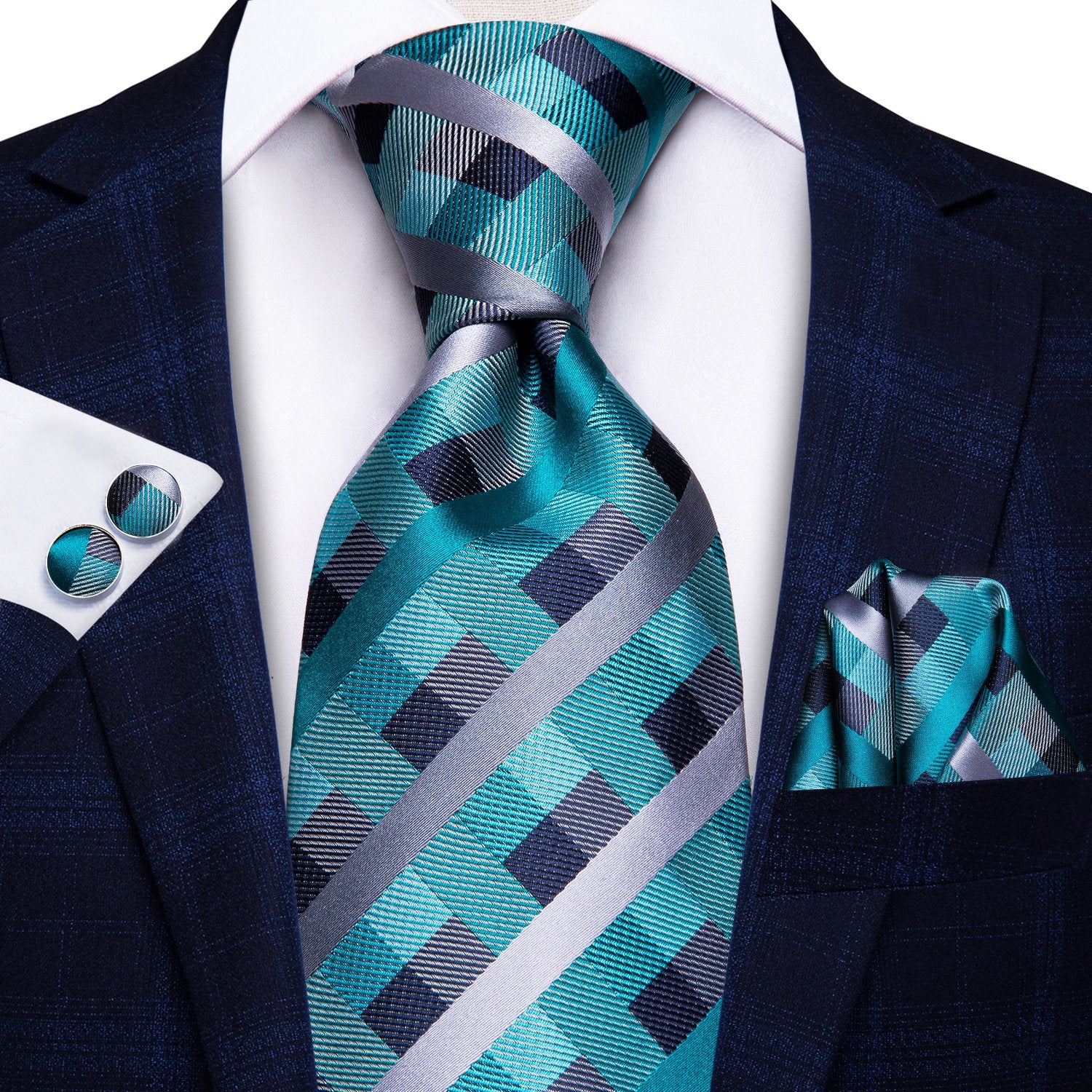 Beautiful Plaid Tie Handkerchief Cufflinks Set with Wedding Brooch