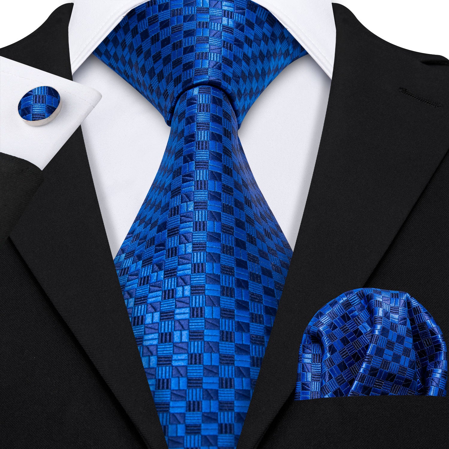 Navy Blue Checked Tie Pocket Square Cufflinks Set Gift Box Set