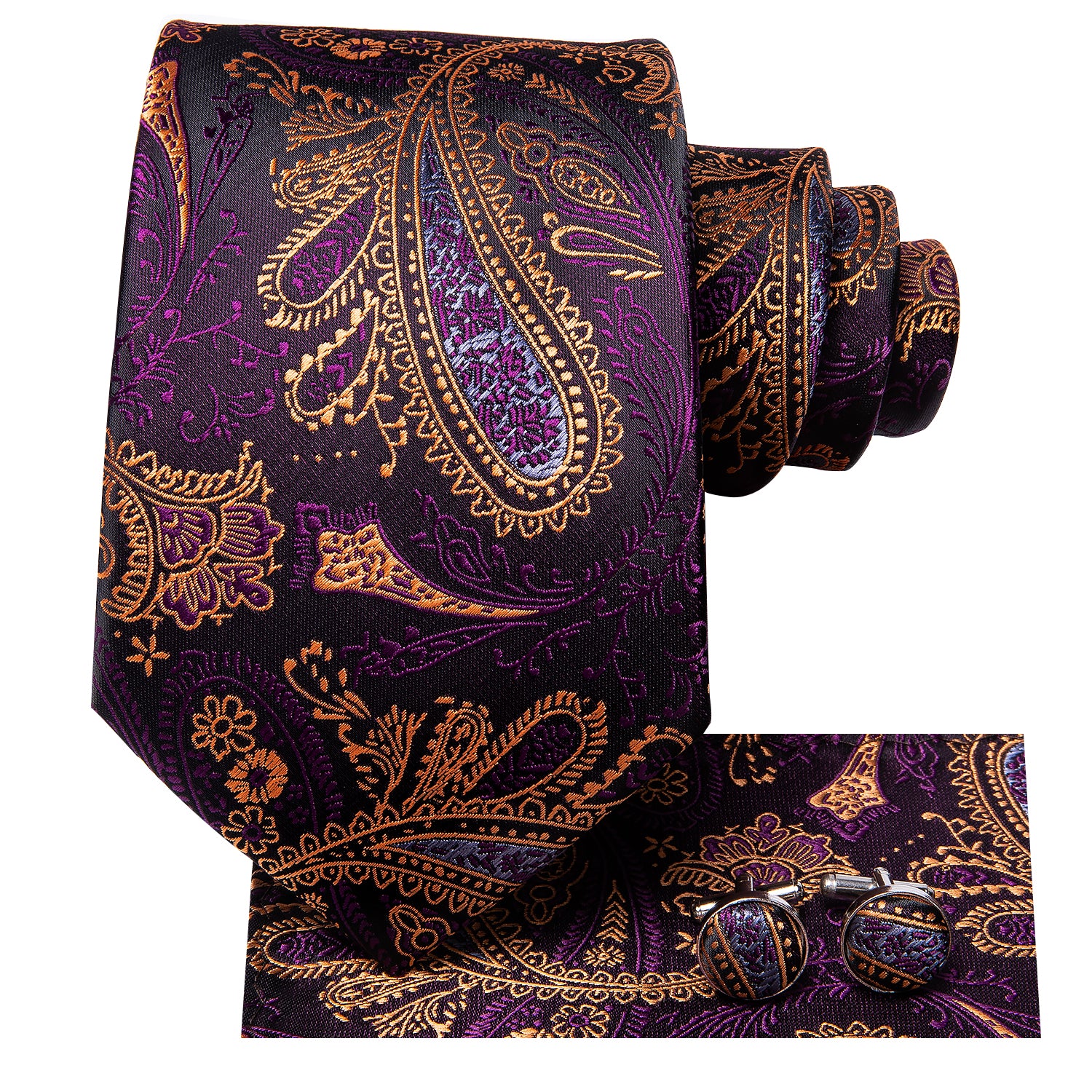 Purple Paisley Silk Men's Tie Pocket Square Cufflinks Gift Box Set