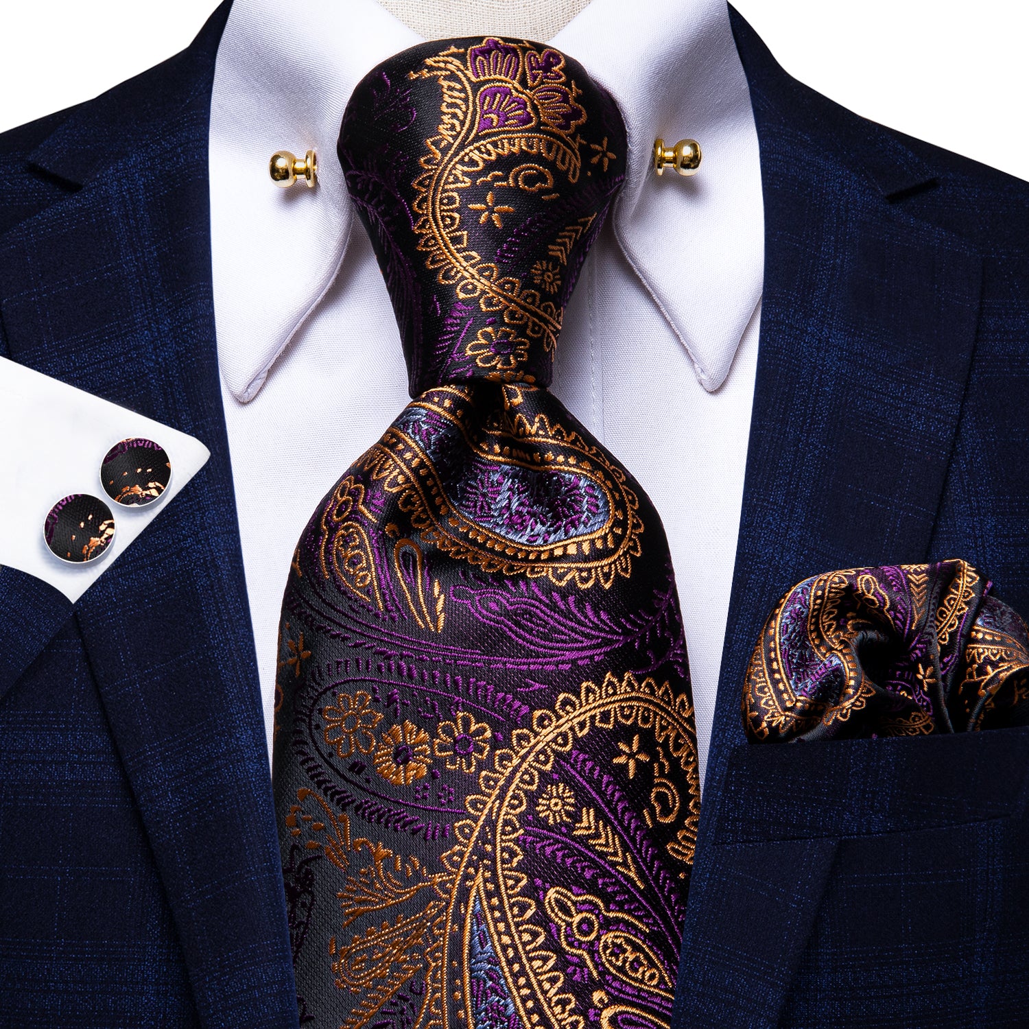 Purple Paisley Silk Mens Tie Handkerchief Cufflinks  Collar Pin Set