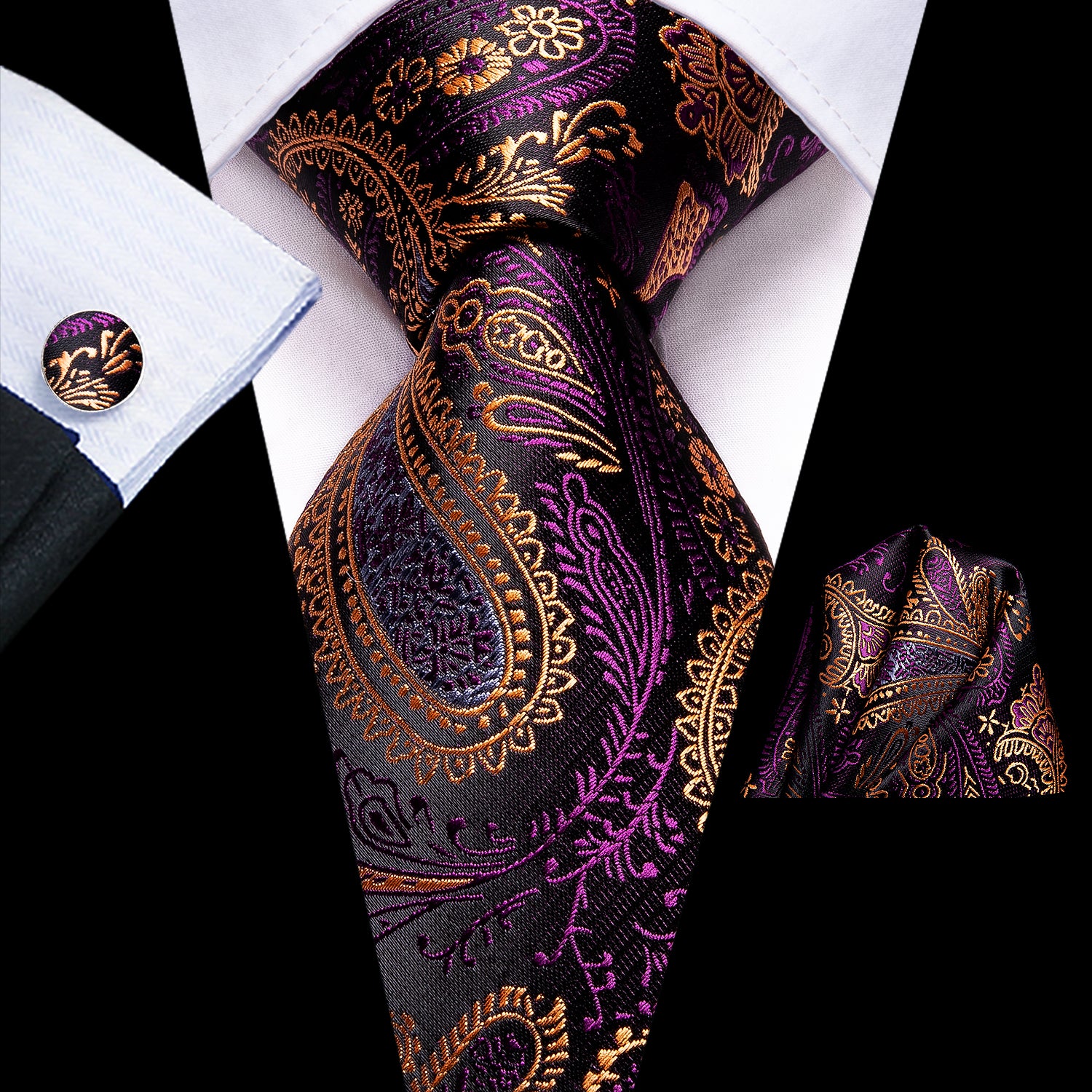 Purple Paisley Silk Men's Tie Pocket Square Cufflinks Gift Box Set