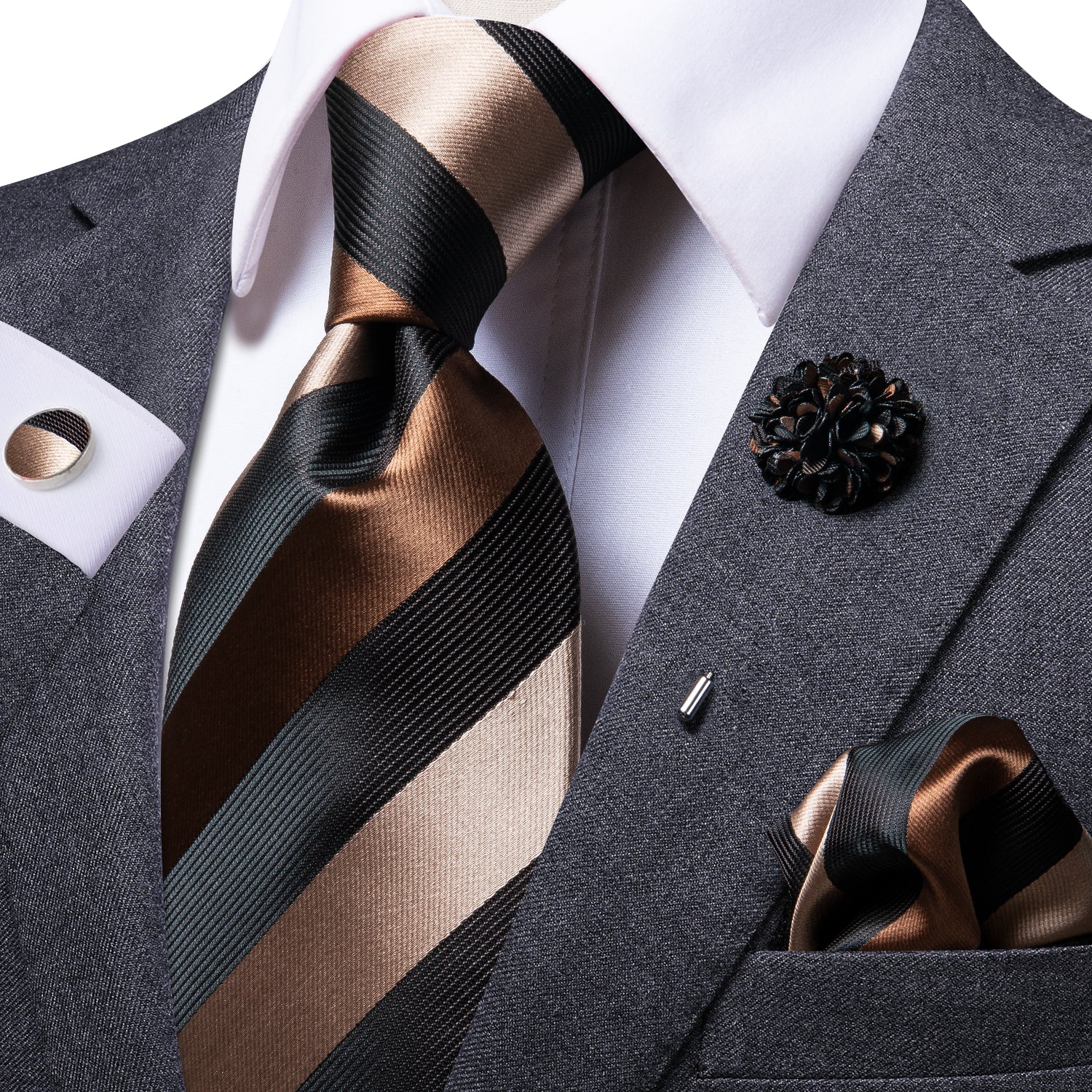 Brown Black Striped Silk Tie Pocket Square Cufflinks Set with Brooch