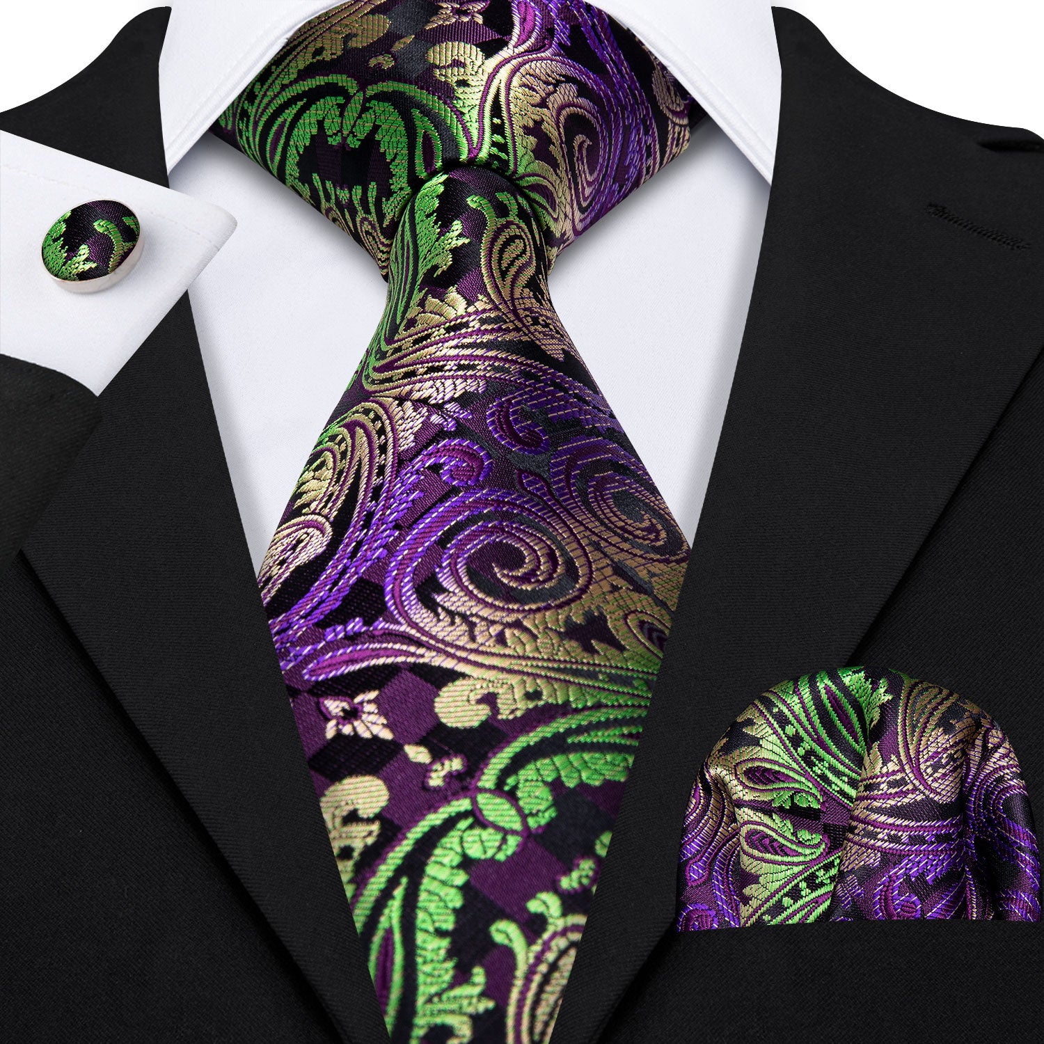 Colorful Men's Jacquard Paisley Tie Pocket Square Cufflinks Set