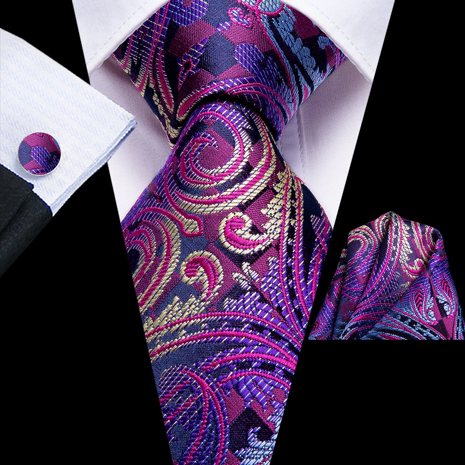 Blue Purple Paisley Tie Handkerchief Cufflinks Set with Wedding Brooch