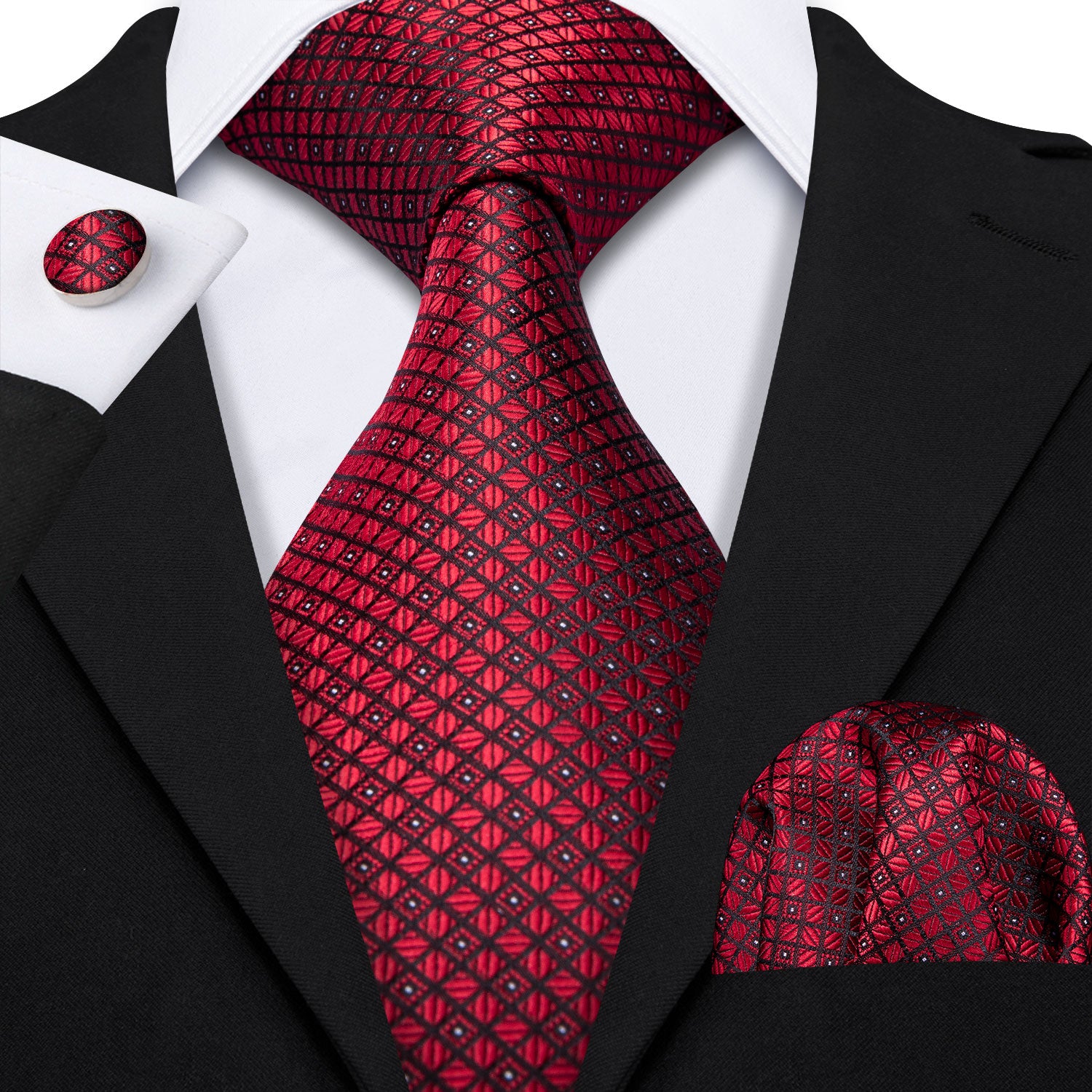 Plaid Red Tie Handkerchief Cufflinks Set