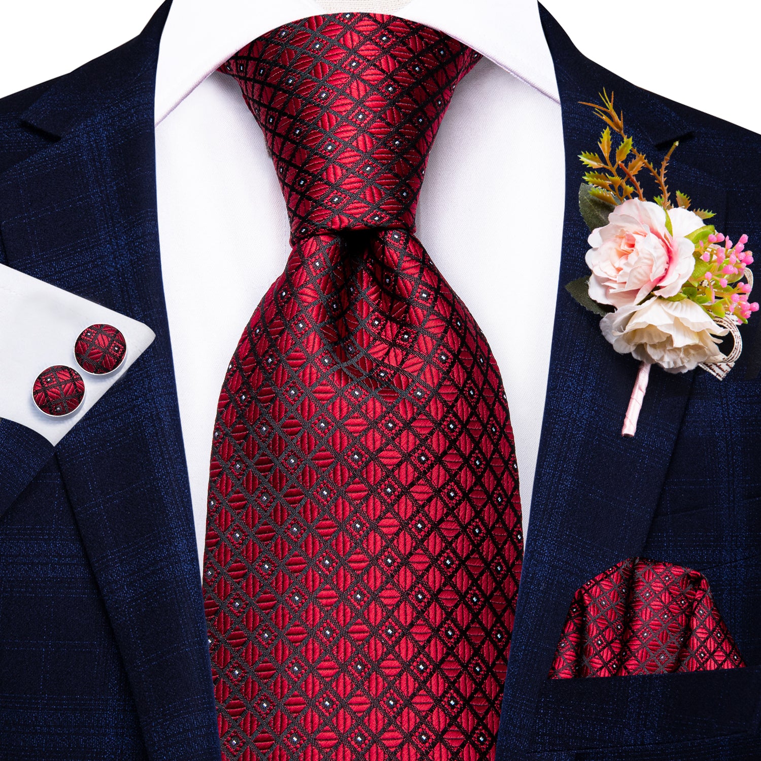 Red Plaid Tie Handkerchief Cufflinks Set with Wedding Brooch
