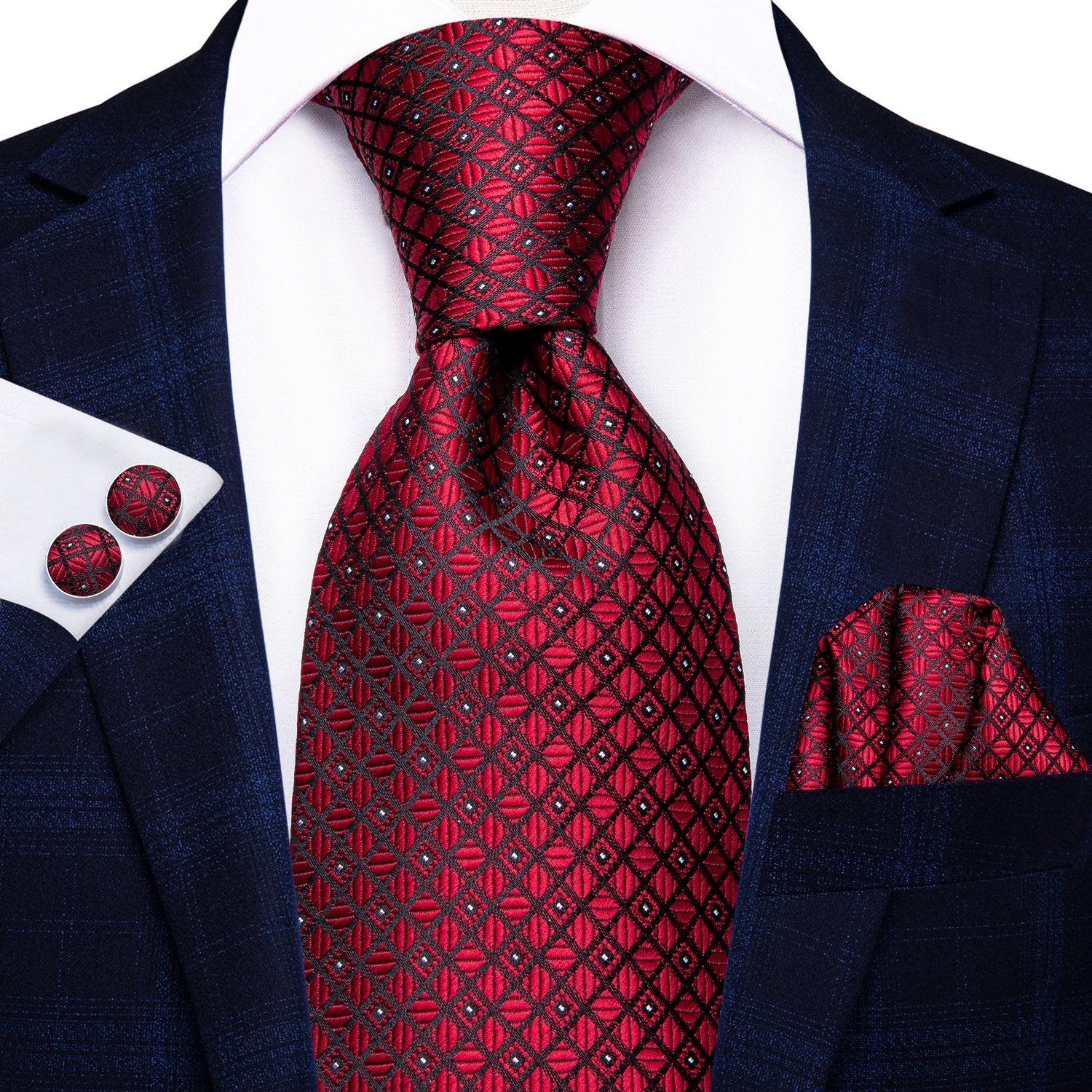 Red Plaid Tie Handkerchief Cufflinks Set with Wedding Brooch