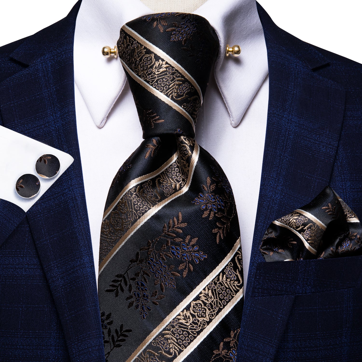 Champagne Beige Black Floral Tie Hanky Cufflinks Set Collar Pin