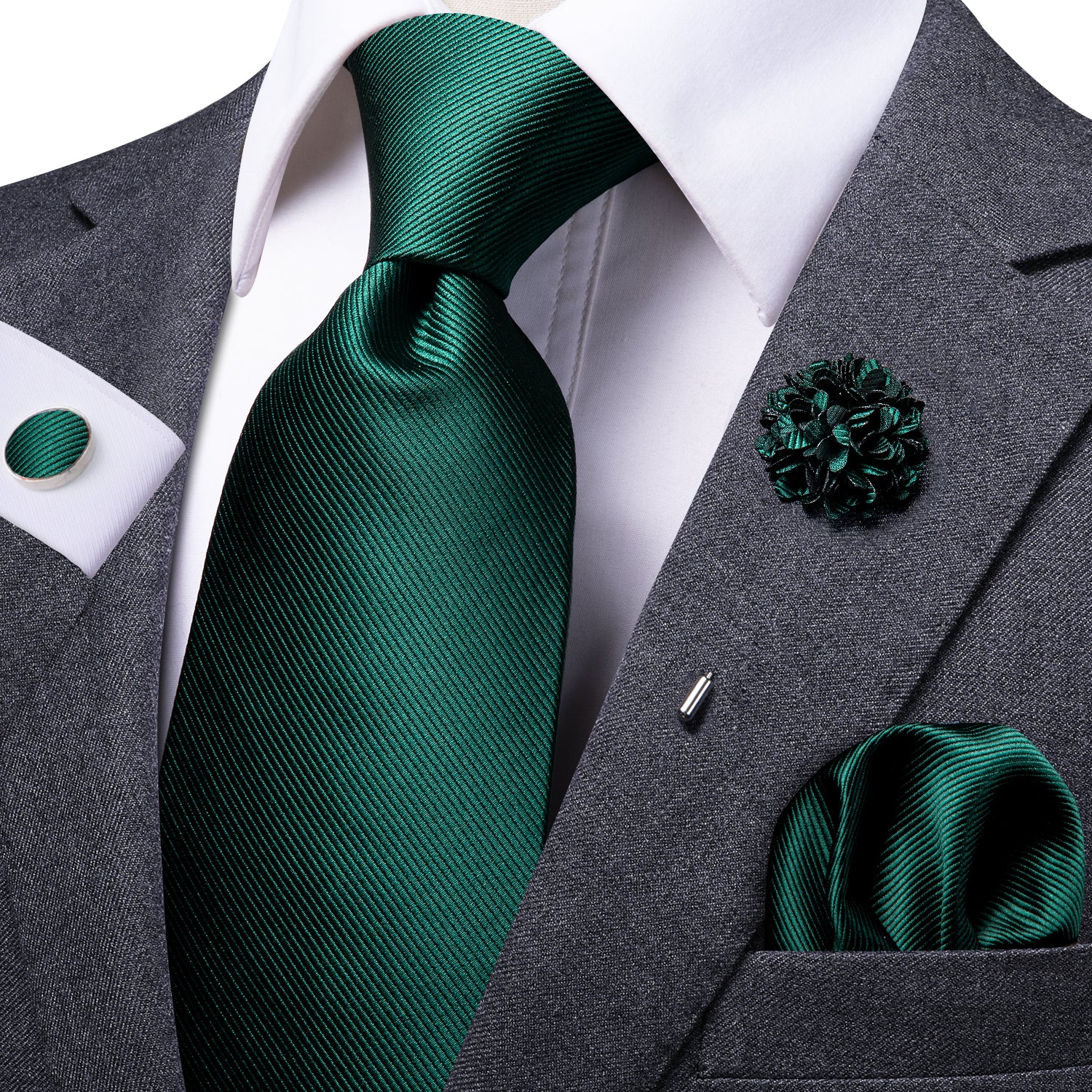 Solid Green Tie Handkerchief Cufflinks Set with Brooch