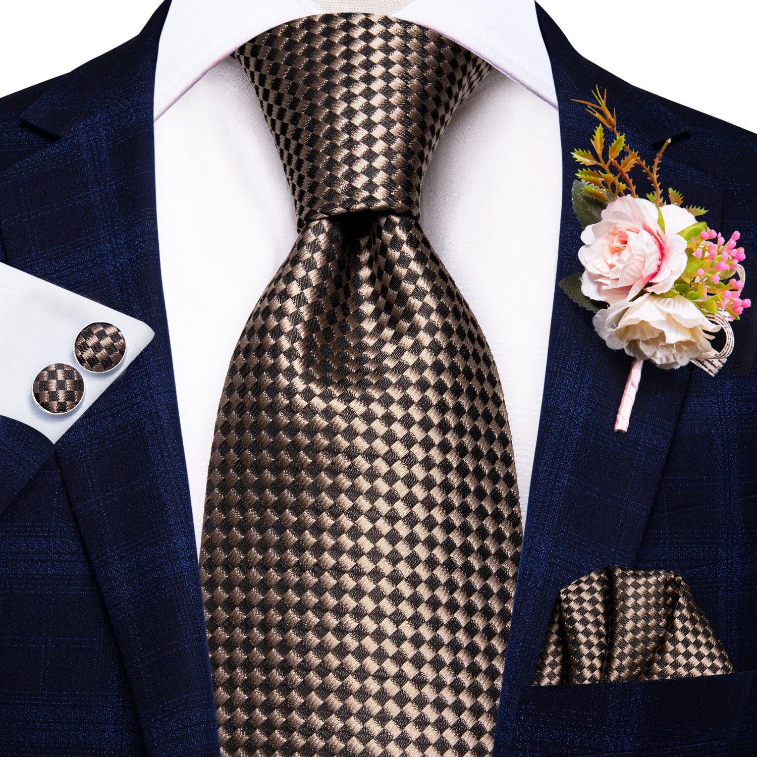 Champagne Brown Plaid Tie Handkerchief Cufflinks Set with Wedding Brooch