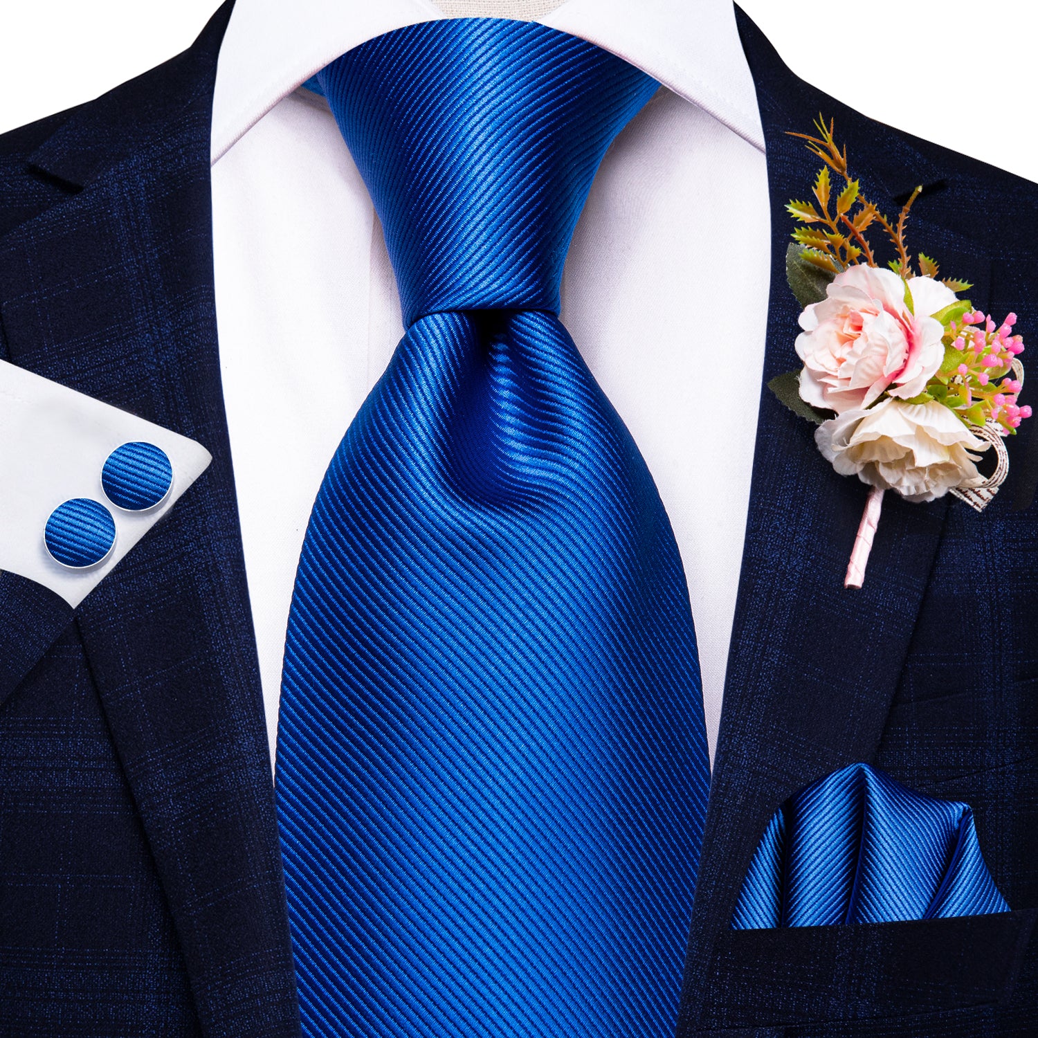 Hi-Tie Blue Solid Tie Handkerchief Cufflinks Set with Wedding Brooch